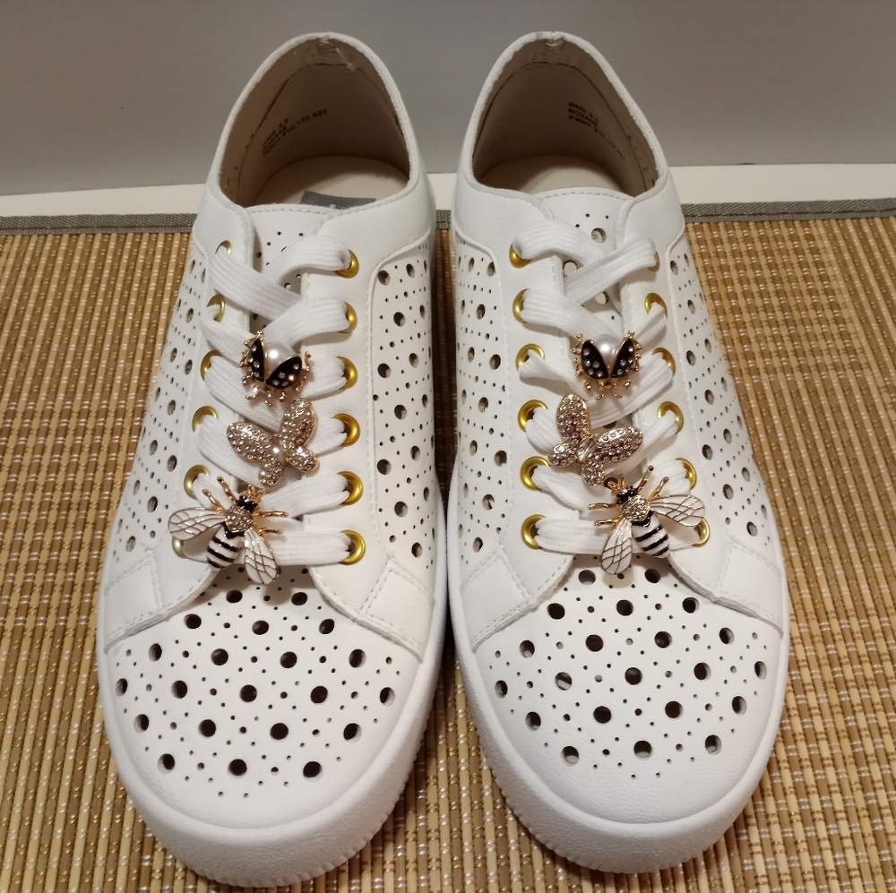 Dolce Vita Roxane White Perforated Sneakers with Gold Accents